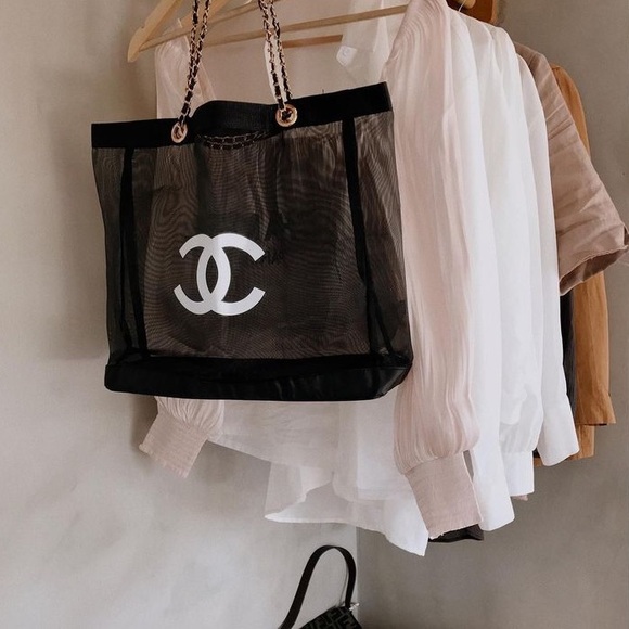 CHANEL CC Black Mesh Tote Bag purse chain silver shoulder logo shopper - Picture 3 of 7